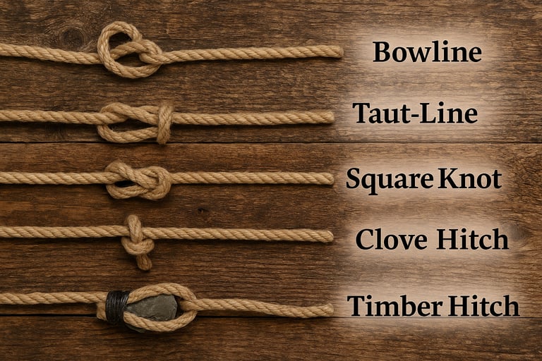 Survival knot tying display showing bowline clove hitch taut line timber hitch and square knot for bushcraft use