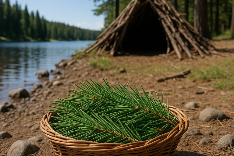 Basket of wild pine needles on lakeshore near debris shelter in forest, foraging survival food in wilderness during daylight