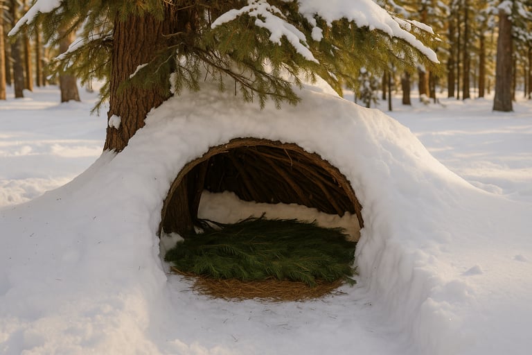 Bushcraft snow shelter dug under evergreen tree with pine bedding for cold weather wilderness survival