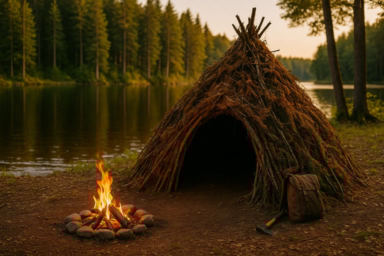 Primitive shelter made of woven brush and sticks beside a lake
