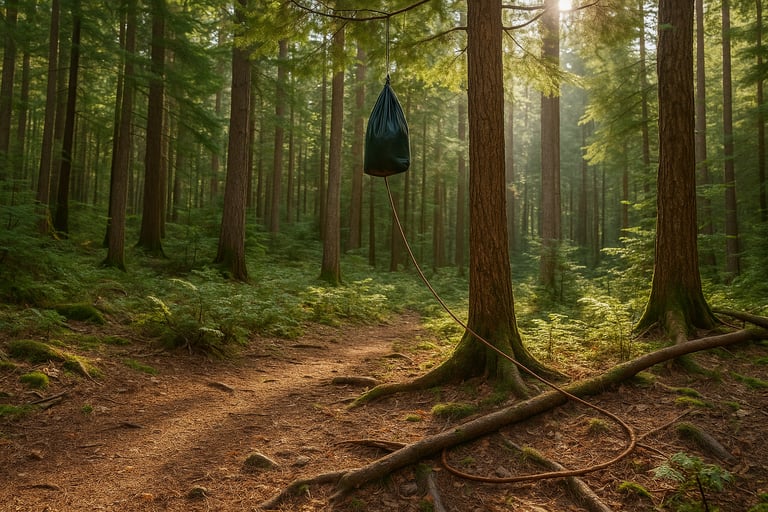 Bear bag suspended in forest between trees for safe food storage during wilderness camping and wildlife protection
