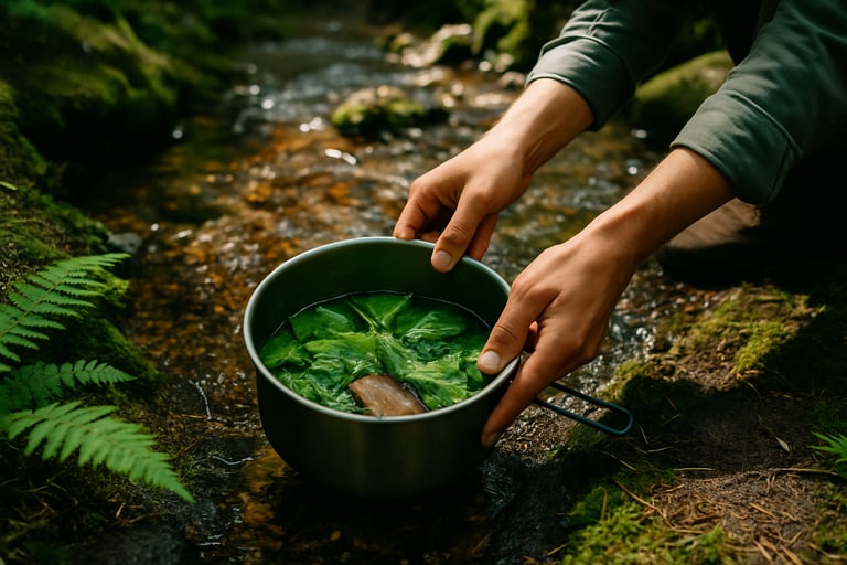 Boiling wild greens in pot beside stream for wilderness foraging and water-based survival cooking