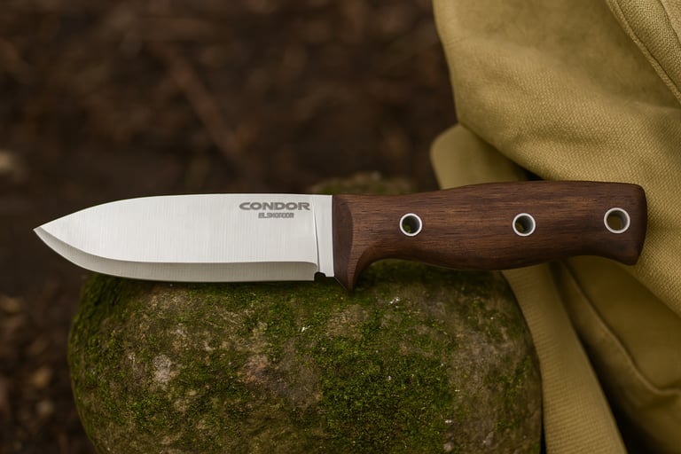 Condor Bushlore fixed blade survival knife with wood handle on mossy rock