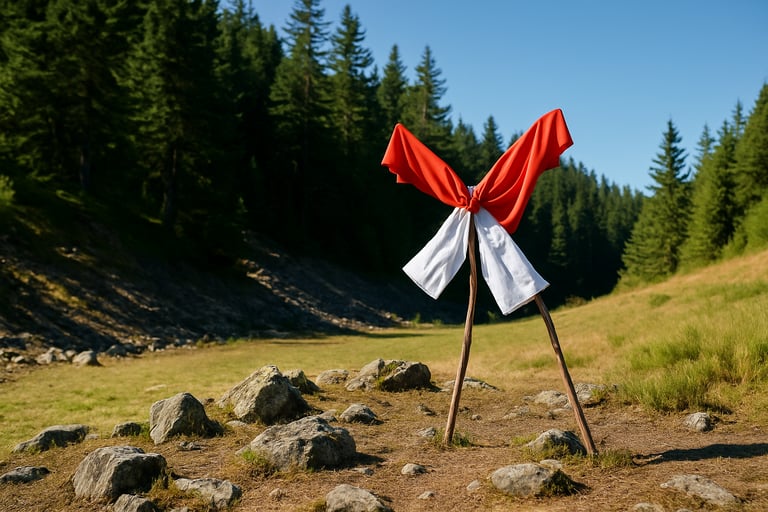 Red and white survival flag raised on sticks in grassy clearing for visual SOS signal