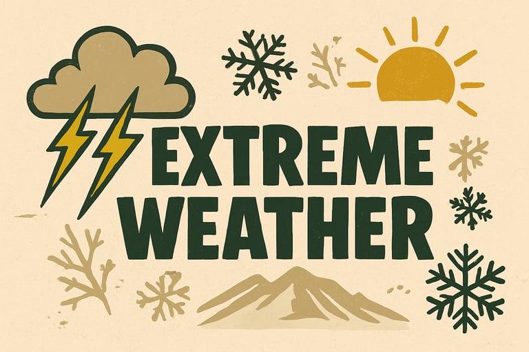 Extreme Weather category header with icons for storms, snow, and sun, covering survival strategies for harsh outdoor conditio