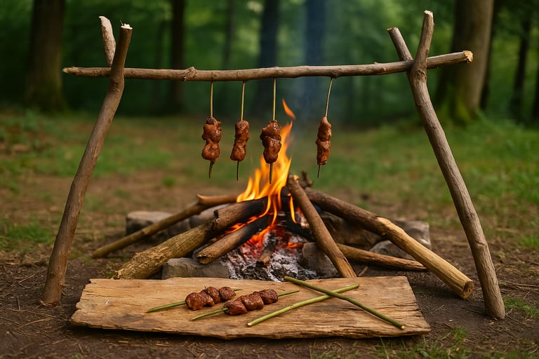 Meat drying and smoking over open fire using primitive survival tripod grill