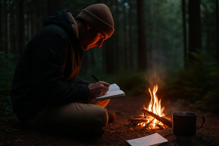 Camper journaling by fire at night staying mentally focused and organized in survival situation deep in the woods