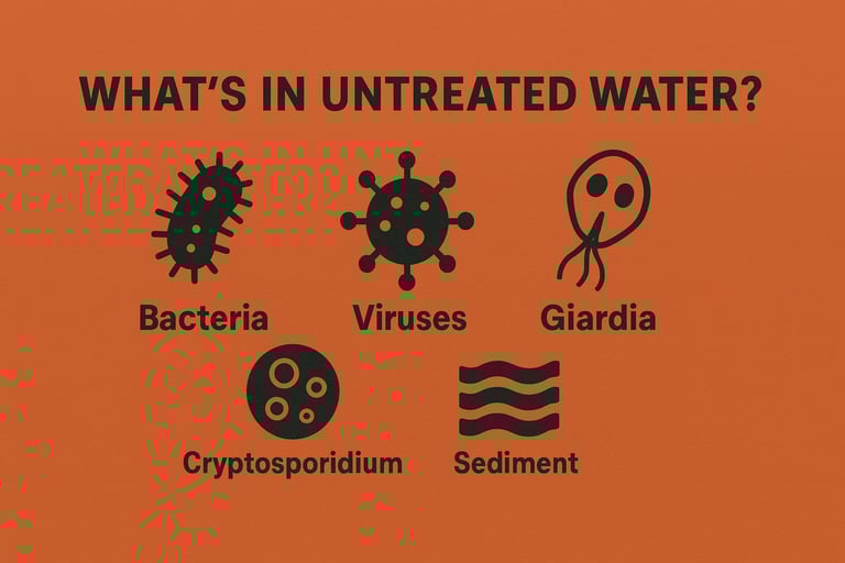 Water contaminants infographic with bacteria, viruses, Giardia, Cryptosporidium, and sediment