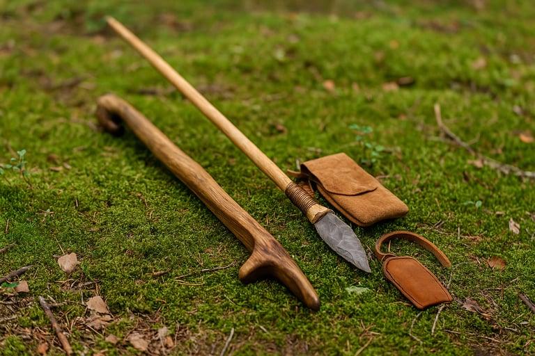 Primitive survival tools axe knife and digging stick on grass in forest camp