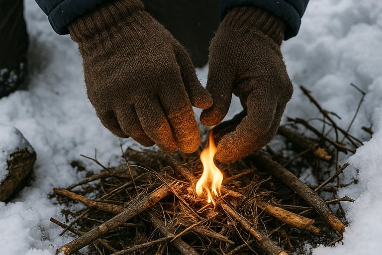 Camper building fire on snowy ground using kindling and gloves