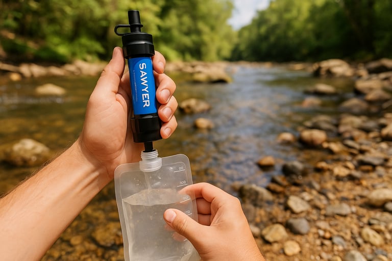 Mini Sawyer water filter used to purify river water in wilderness setting for hiking and emergency survival