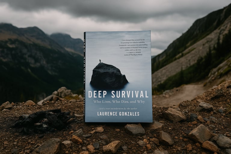 Deep Survival by Laurence Gonzales with backpack and hiking trail in mountain range