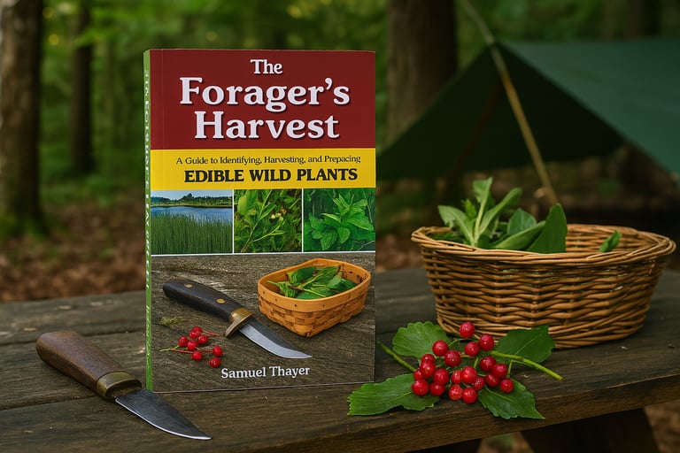Forager’s Harvest edible wild plants book with berries knife and basket in forest camp