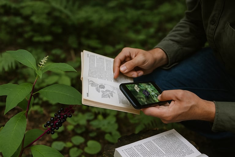 Forager cross-checking wild berries using field guide and plant ID app for safe consumption