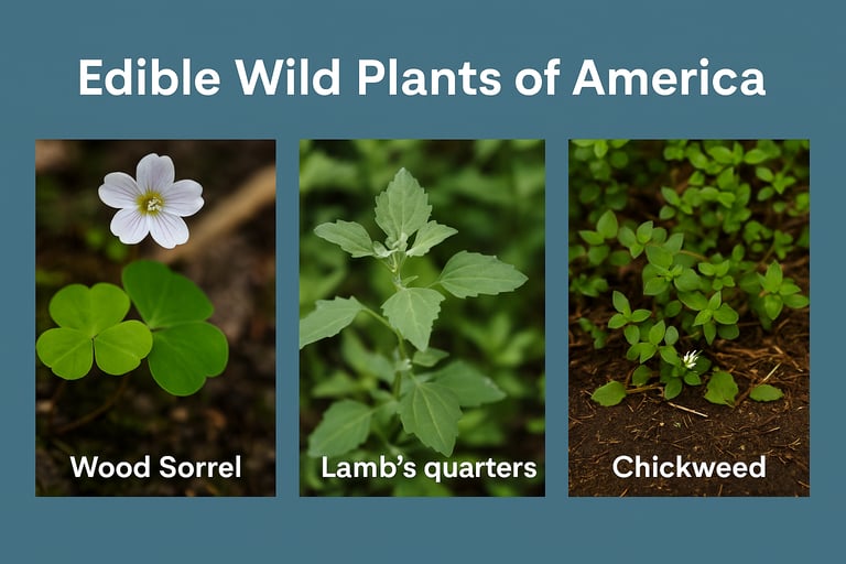 Edible wild plants chart with wood sorrel lambs quarters and chickweed for safe foraging in North America