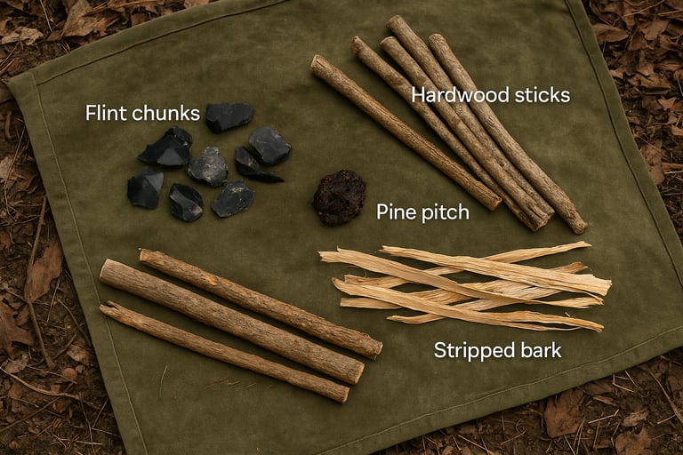 Fire starting kit with pine pitch bark hardwood sticks and flint chunks for primitive bushcraft and survival fire