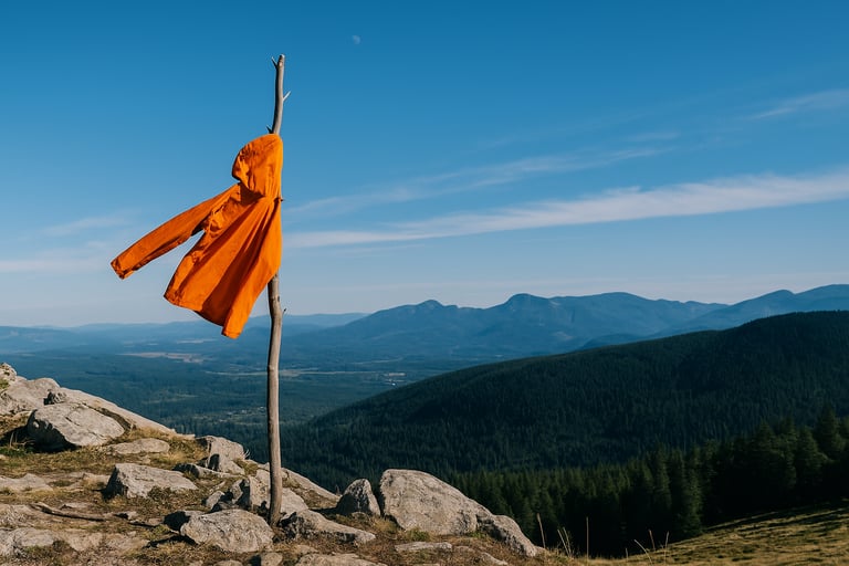 Bright orange flag tied to stick on mountain ridge signaling distress and rescue location