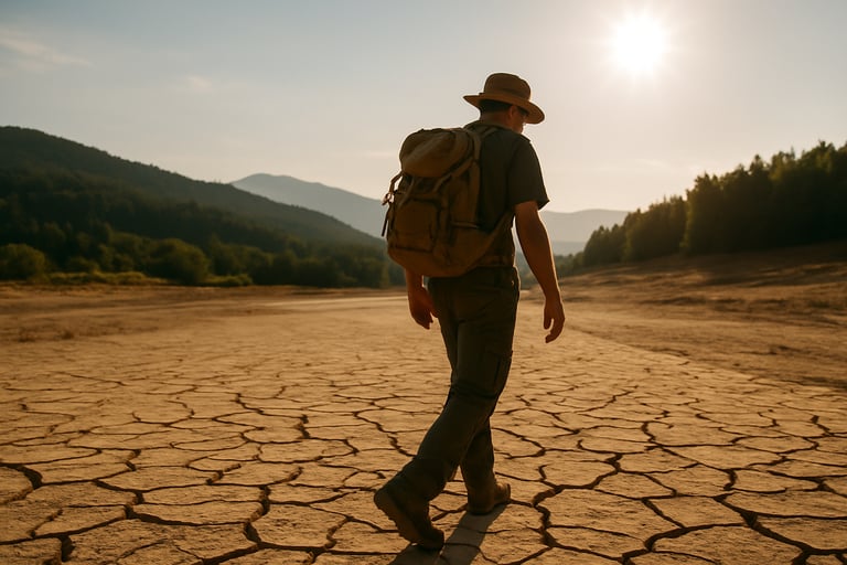 Hiker walking across cracked desert ground under hot sun