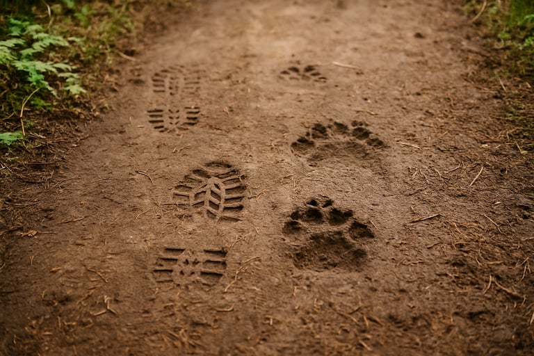 Animal and human tracks in dirt showing comparison of paw print and boot print for wilderness tracking and safety