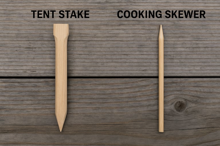 Comparison of handmade wooden tent stake and cooking skewer for survival use