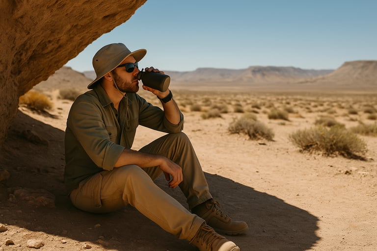 Man drinking water in desert shade for survival hydration and sun protection strategies