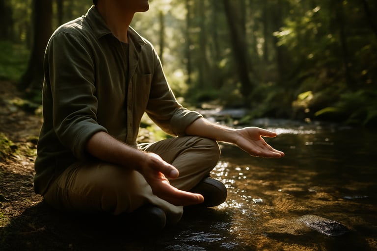 Man meditating beside a forest river using mindfulness to manage stress and stay mentally strong in a survival situation