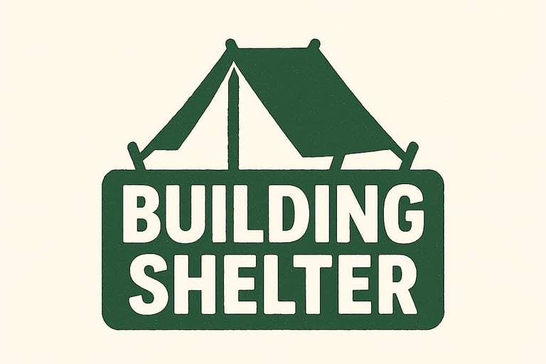 Building Shelter section title with tent icon — primitive shelter building, survival housing, emergency protection header