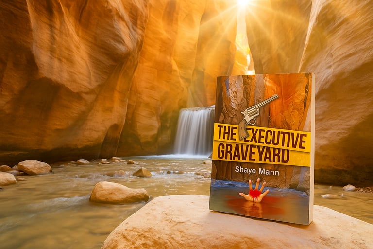 The Executive Graveyard by Shaye Mann on Boulder in slot canyon creek with sunlight and reflection