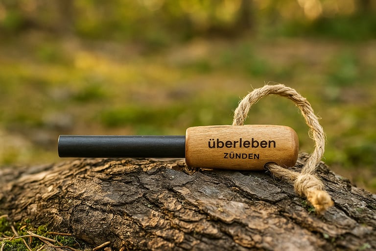 Überleben Zünden ferro rod fire starter with wood grip and paracord on forest log