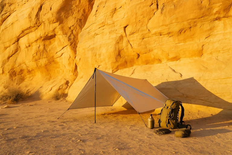 Tarp shelter set up against red rock in arid landscape with backpack and survival gear
