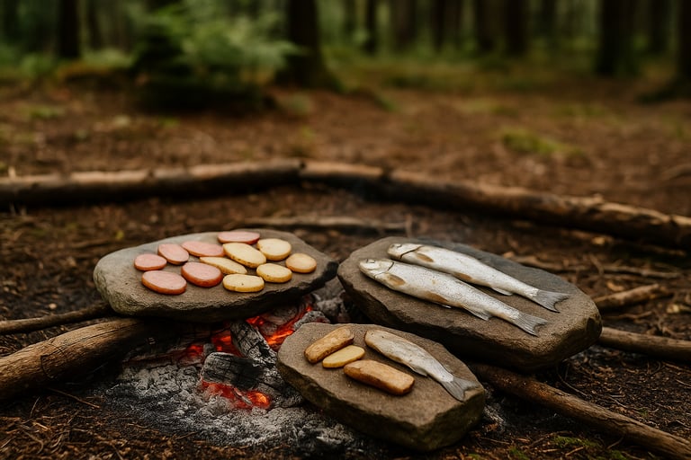 Wild foraged fish and root vegetables cooking on flat stones over fire