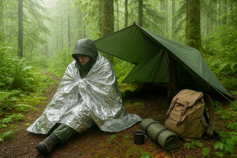 Hiker wrapped in reflective survival blanket seated at forest tarp shelter with gear