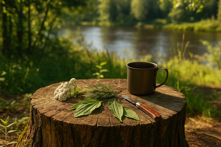 Tree stump with wild herbs knife and mug by river for foraging prep and primitive survival cooking