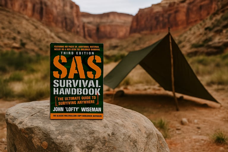 SAS Survival Handbook by John "Lofty" Wiseman with tarp shelter in desert canyon