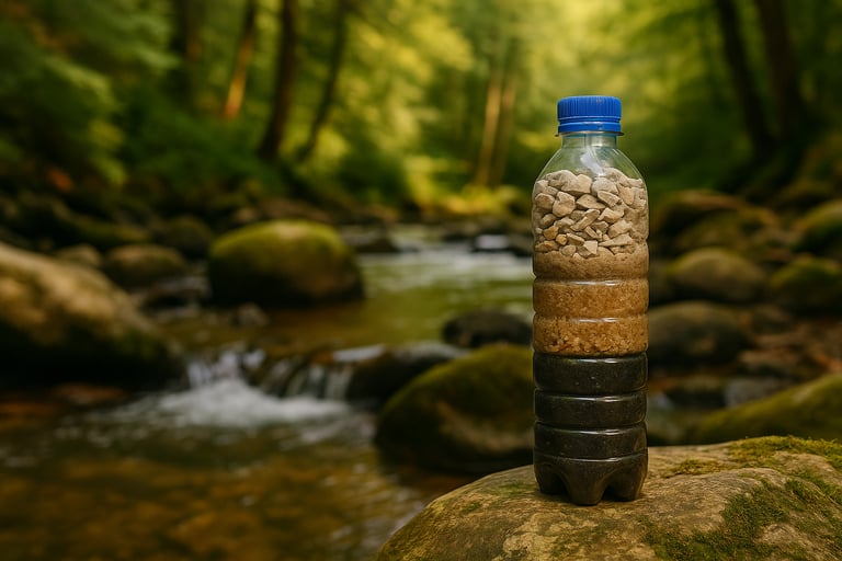 DIY water filter in plastic bottle showing layered filtration setup