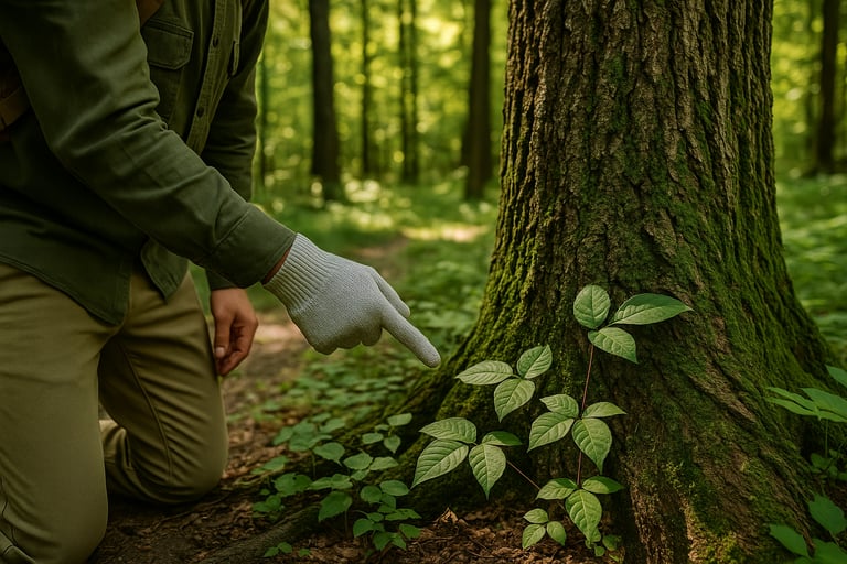 Person harvesting wild plantain and other edible leaves at tree base for survival foraging