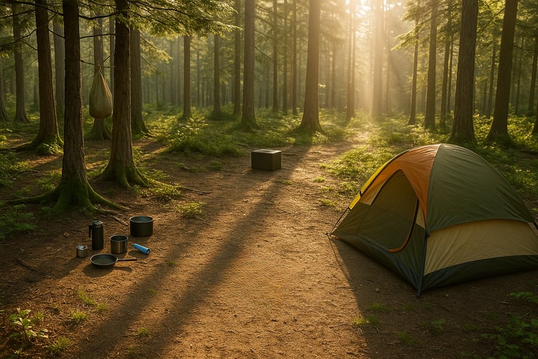 Morning sunlight shining on forest campsite with tent cooking gear and fire pit for wilderness camping and survival