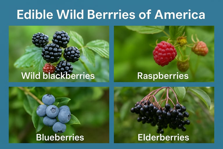 Edible wild berries chart with blackberries raspberries blueberries and elderberries for wild food identification