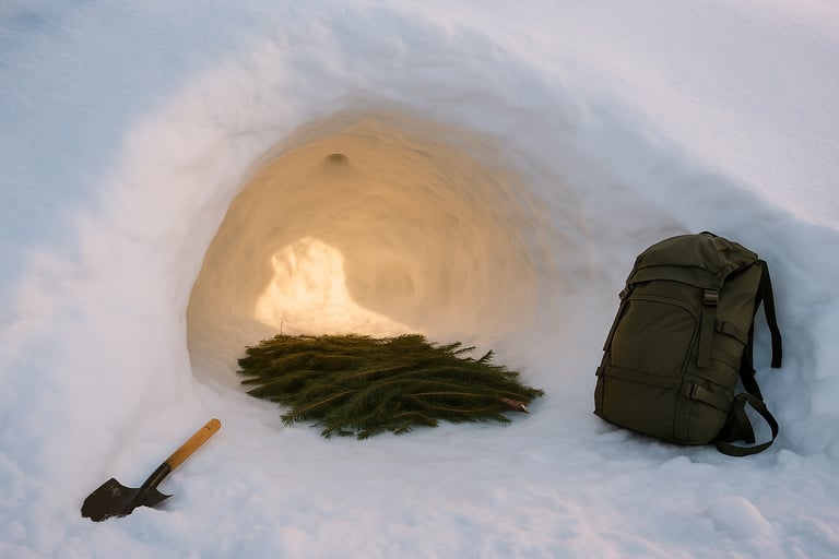 Winter snow cave shelter with pine bough bedding, bushcraft axe, and backpack for survival camping