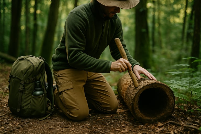 Man kneeling in forest hammering wood into emergency whistle for wilderness signaling