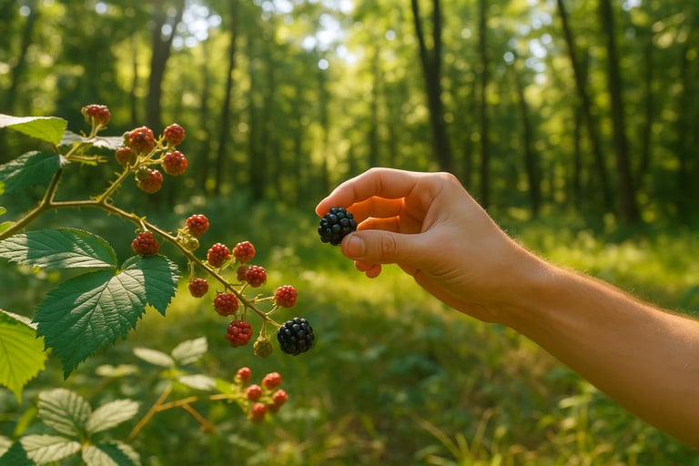 Reaching for ripe blackberries on forest shrub, demonstrating wild berry foraging and plant knowledge