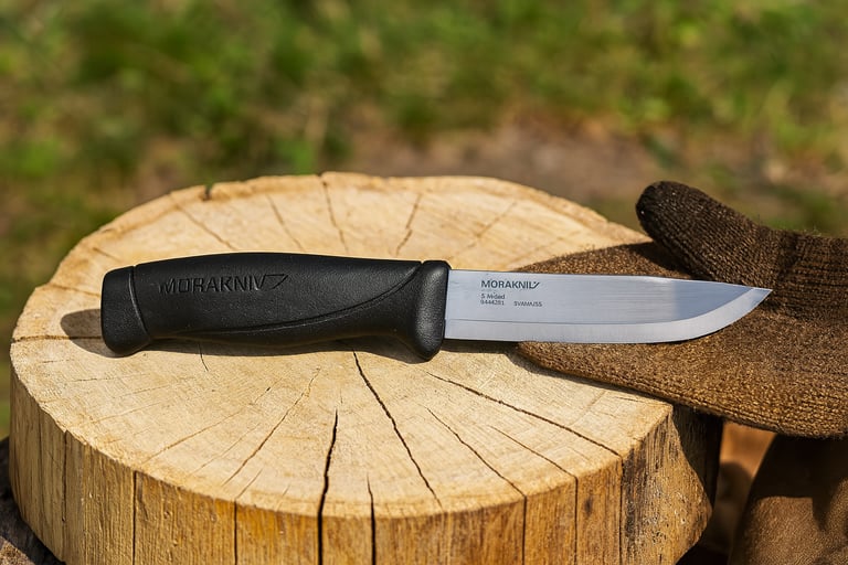 Morakniv Companion bushcraft knife on tree stump with glove in outdoor setting