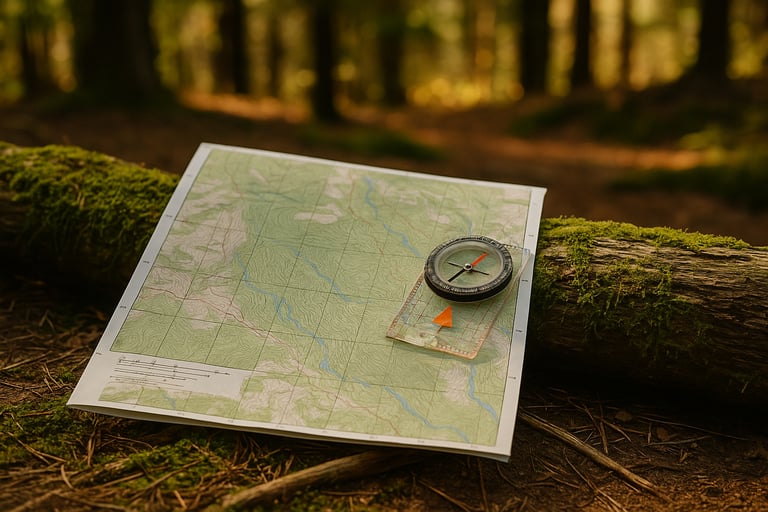 Compass on trail map balanced on log in forest, used for route planning in bushcraft and backcountry hiking