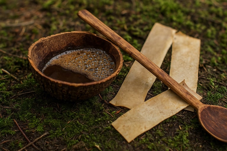 Handmade glue and bark strips on forest ground for wilderness toolmaking