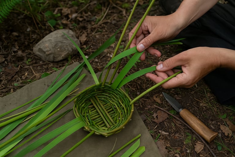 Hand weaving a survival basket using green reeds in forest setting for primitive bushcraft cordage and gathering use
