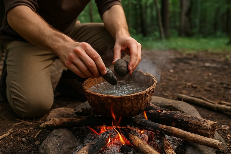 Man using stone grinding bowl on campfire for primitive wilderness cooking