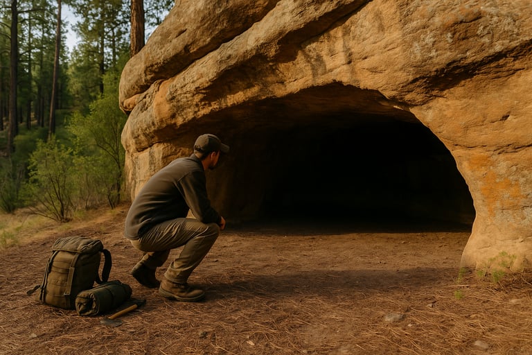 Explorer crouched at the entrance of natural cave shelter in wilderness