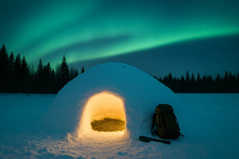 Northern lights over glowing snow shelter with pine bedding and backpack for Arctic wilderness survival