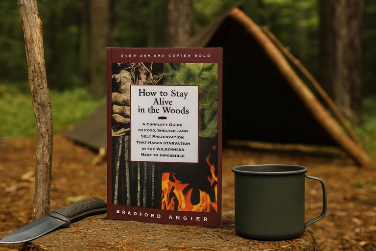 Book cover of How to Stay in the Woods by Bradford Angier near tent and mug