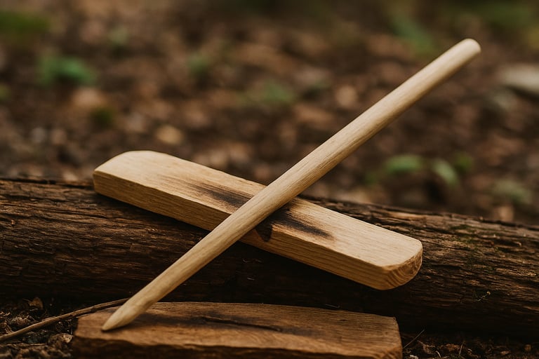 Bow drill and fireboard primitive fire-starting tools in forest